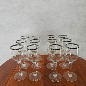 Set of 12 Clear Cordial Glasses Silver Rimmed 1oz Wine Shot‎ Glasses Vtg Barware